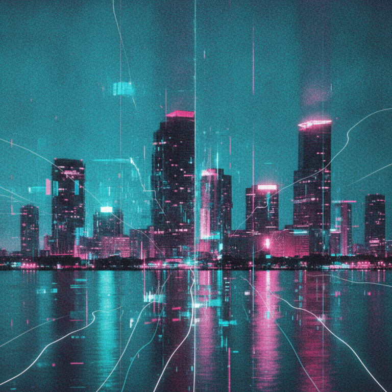 Stilisierte KI-Illustration einer neonfarbenen Skyline bei Nacht in Türkis und Pink mit Glitch-Effekt