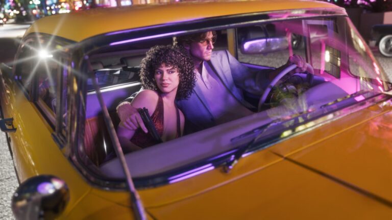 GTA 6 scene: A couple in a yellow vintage taxi under Vice City's purple neon lights.