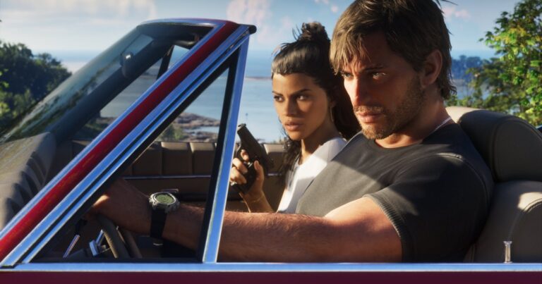 Jason und Lucia sitzen in GTA 6 in einem Cabrio, Lucia hält eine Pistole, im Hintergrund glitzert das Meer