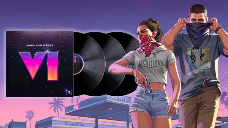 Dreifach-Vinyl „Original Score by Justice“ zu GTA 6 vor einem Artwork der beiden Hauptfiguren mit Bandanas