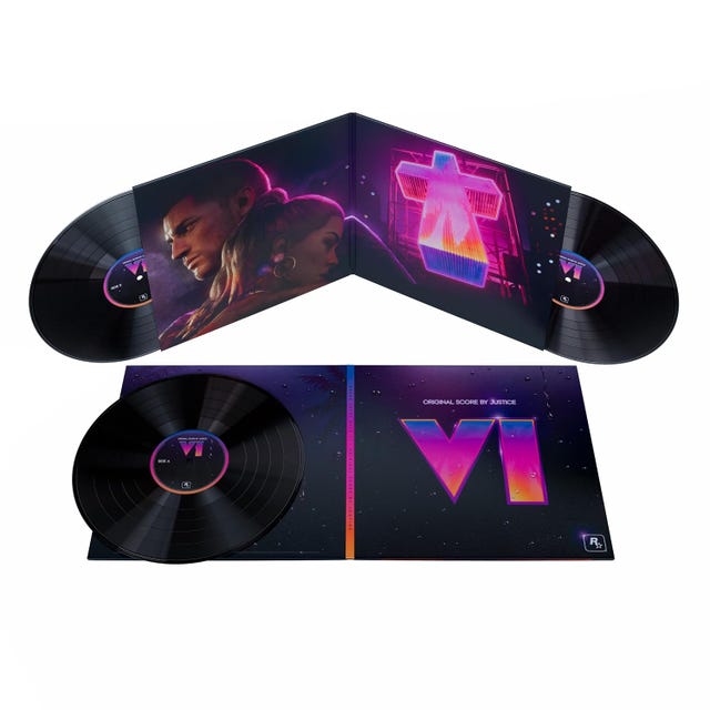 3-LP-Vinyl-Set mit dem GTA-6-Original-Score von Justice im Cover mit VI-Logo