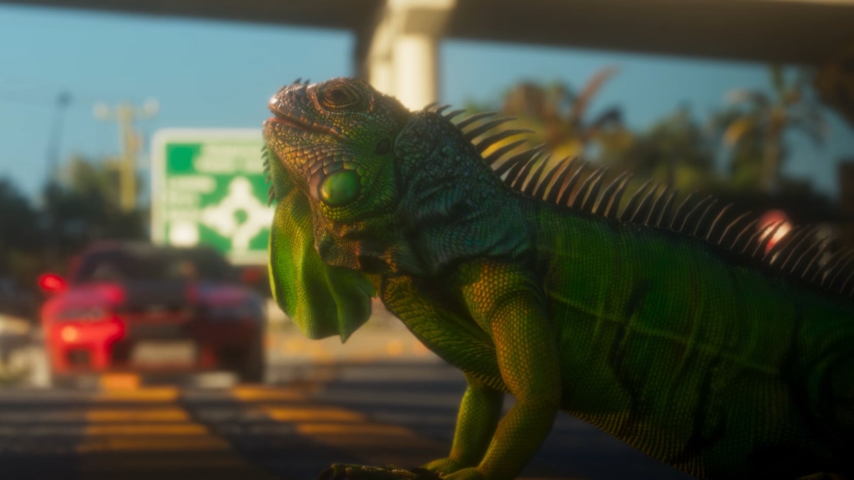 Still from the GTA 6 trailer: a green iguana on a street in Vice City, with a blurred red car behind it