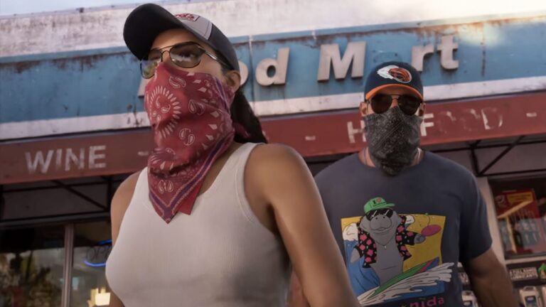 Screenshot from GTA 6: Two masked figures with bandanas stand in front of a rundown shop with a 'Wine' sign.