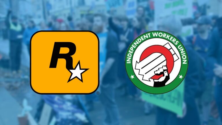 Logos von Rockstar Games und der Gewerkschaft IWGB vor einem unscharfen Protestfoto