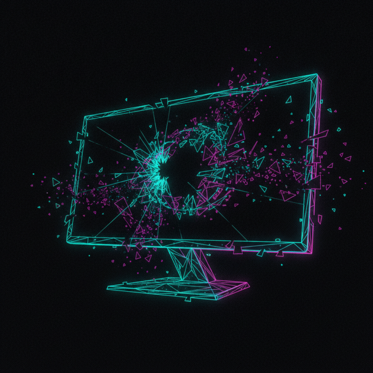 Stylized AI illustration of a crashed gaming monitor with decaying sound waves in turquoise and pink