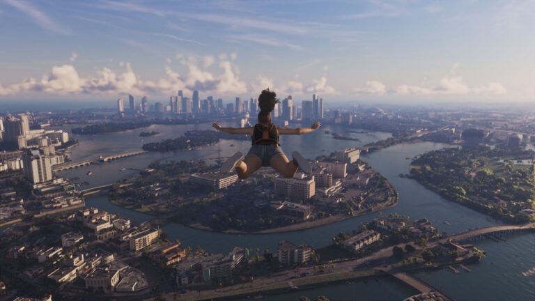 Screenshot aus GTA 6 mit einer Straßenszene in Leonida