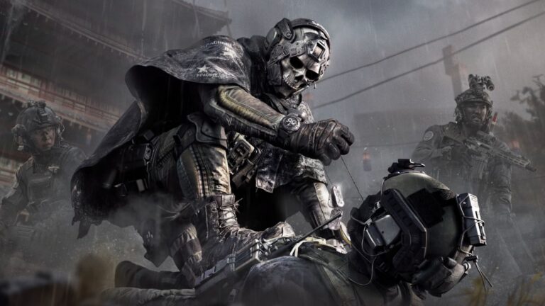 Maskierter Operator mit Totenkopfhelm kniet über einem gefallenen Soldaten in Modern Warfare 4