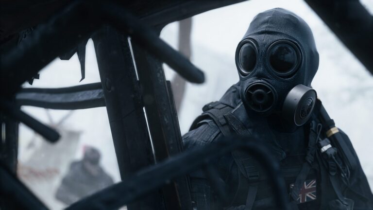 Operator with a gas mask and Union Jack patch in a foggy, snowy environment from Call of Duty: Modern Warfare 4