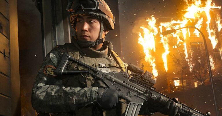 Soldier with helmet and assault rifle in front of a burning building in Call of Duty: Modern Warfare 4