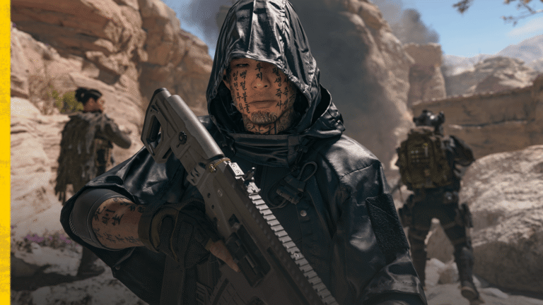 Operator with facial tattoos and assault rifle in a rock canyon from Modern Warfare 4