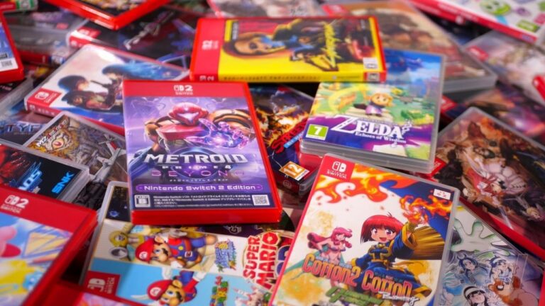Stack of physical Switch and Switch 2 games, including Metroid Prime 4 Beyond and Zelda: Echoes of Wisdom