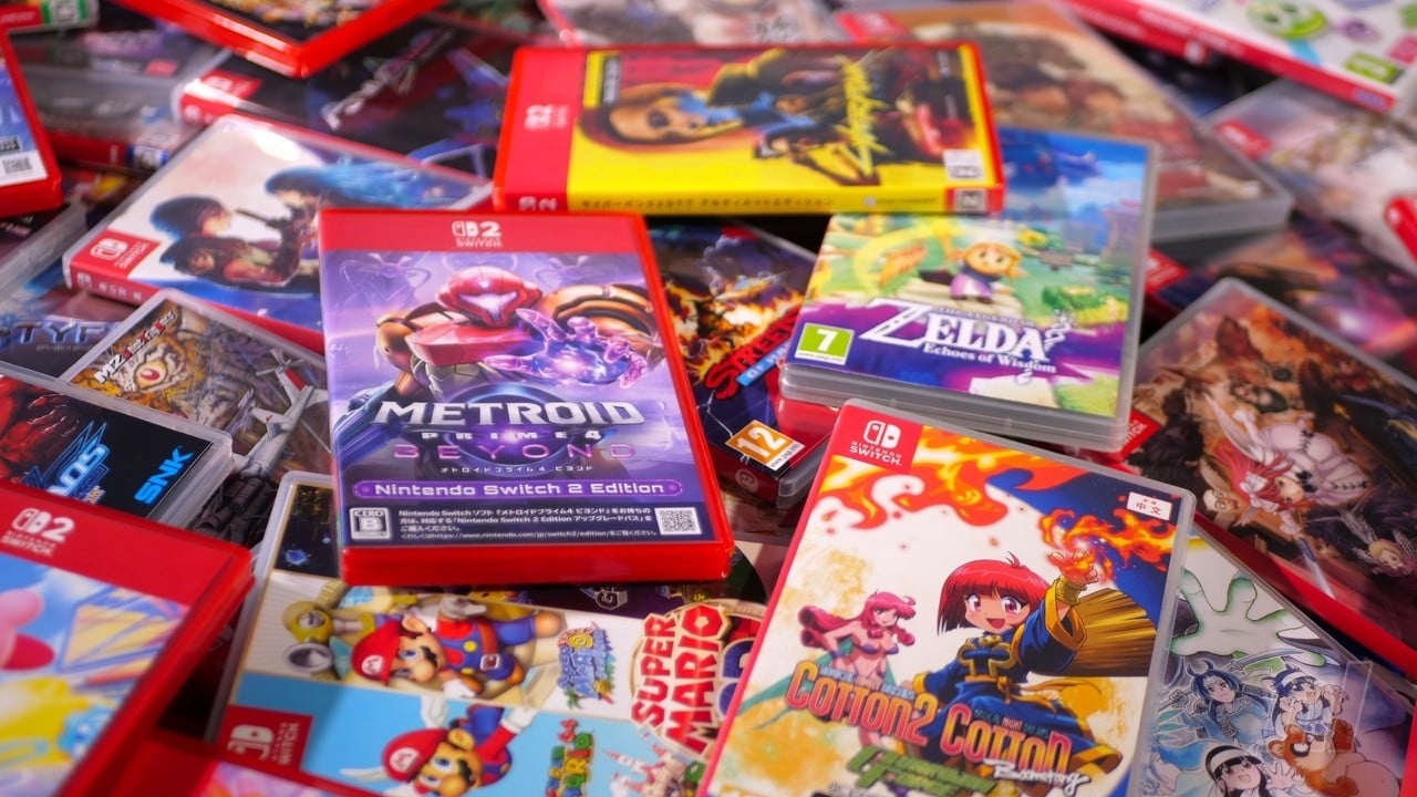 Stack of physical Switch and Switch 2 games, including Metroid Prime 4 Beyond and Zelda: Echoes of Wisdom