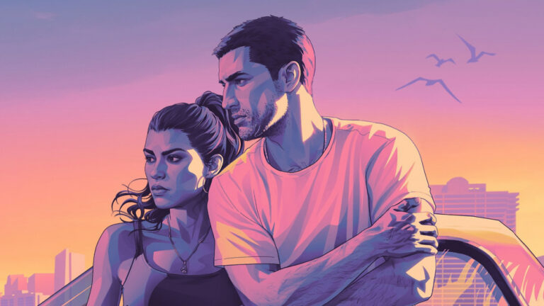 GTA 6 artwork with a neon-colored Vice City aesthetic