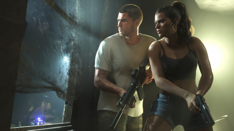 Jason and Lucia in a scene from GTA 6 in Vice City