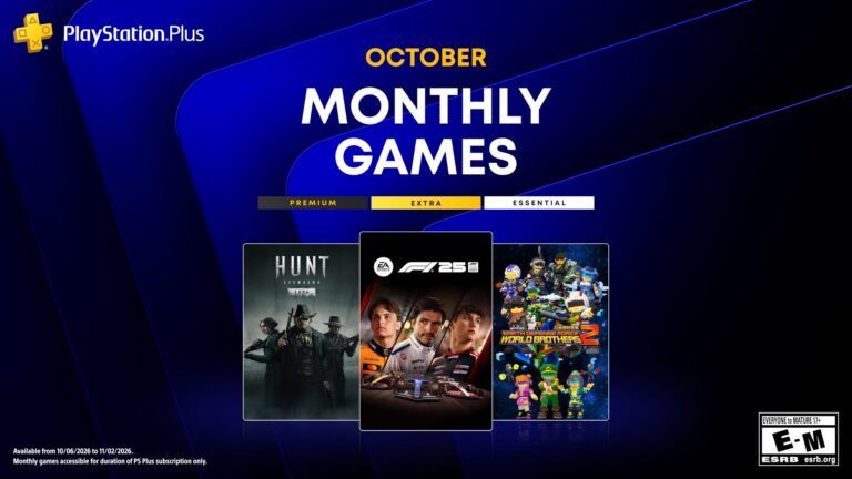 Graphic of the PlayStation Plus monthly games for October featuring the covers of Hunt: Showdown 1896, F1 25, and Earth Defense Force: World Brothers 2