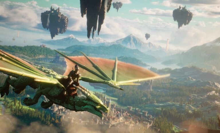 Knight on a green dragon flies over a fantasy landscape with floating rock islands in the RuneScape 4 announcement