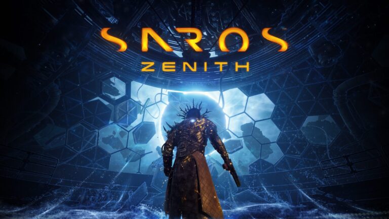 Key Art for the Saros Zenith update, featuring an armored figure in front of a glowing dome