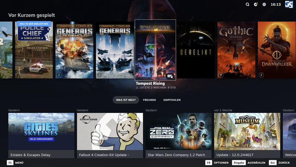 Steam-Big-Picture-Oberfläche mit der Leiste der zuletzt gespielten Spiele und Neuigkeiten darunter